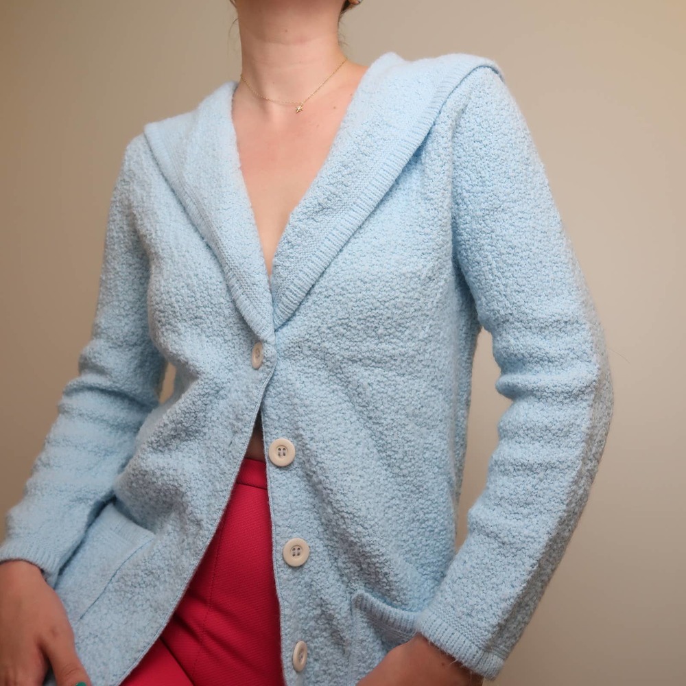 Vintage 80s light blue knit cardigan sweater S/M - Picture 2 of 5